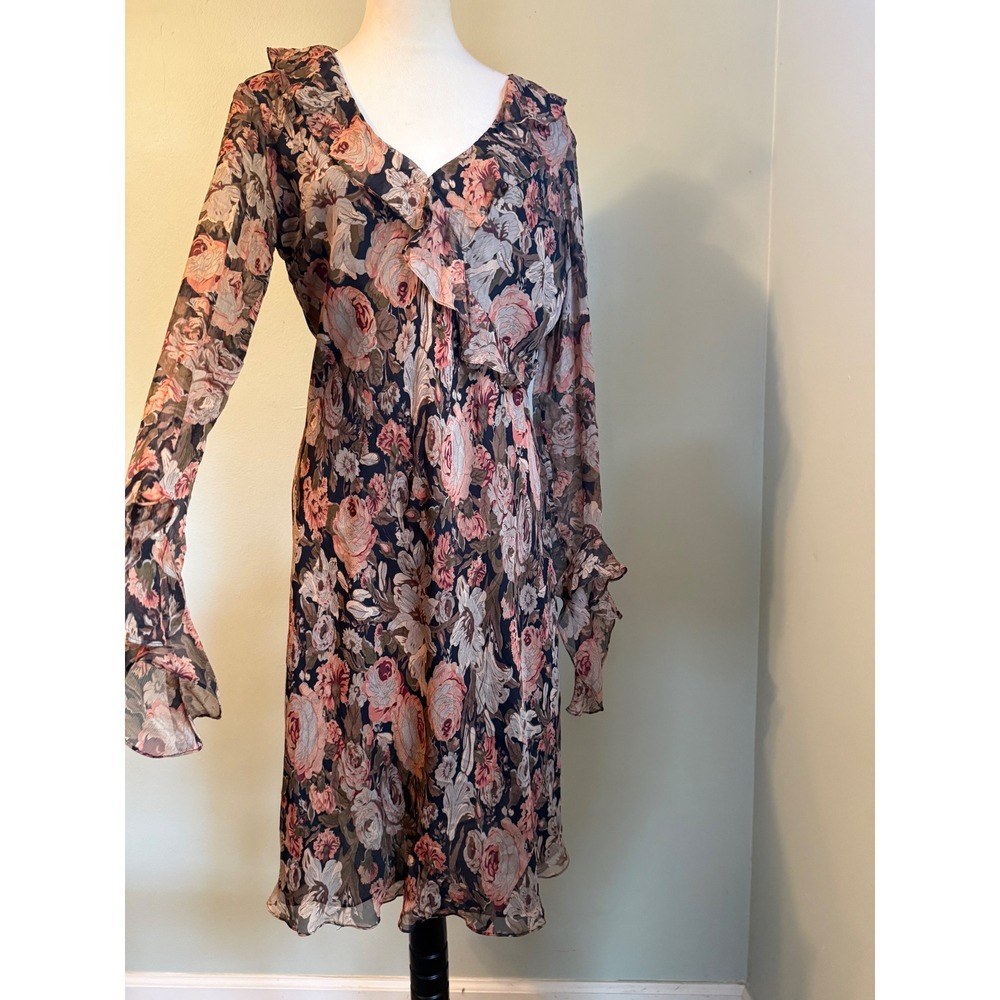 Lauren Ralph Silk Floral Ruffle Midi Dress Brown Pink boho whimsigoth 12 dainty